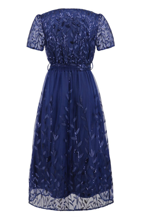 sequin-leaf-embroidery-tie-front-short-sleeve-dress Sophia's Trends - Sophia's Style-Deep Red-S